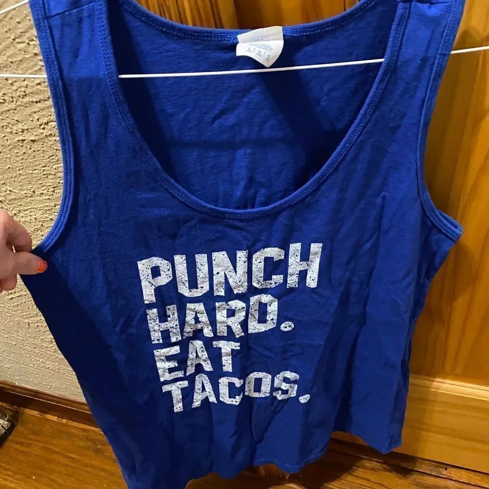 Punch hard eat tacos royal blue tank size large